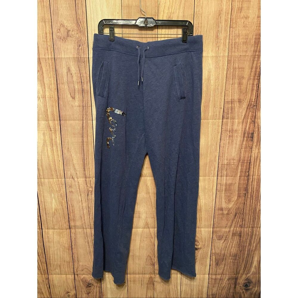 Victoria’s Secret Medium blue gold sequin LOVE pants lounge joggers raw hem